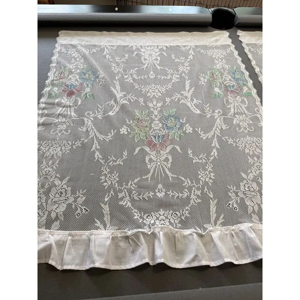 Vintage Lace Curtain Panels Ruffle Trim Floral Cottagecore Shabby Chic 36x29 Set